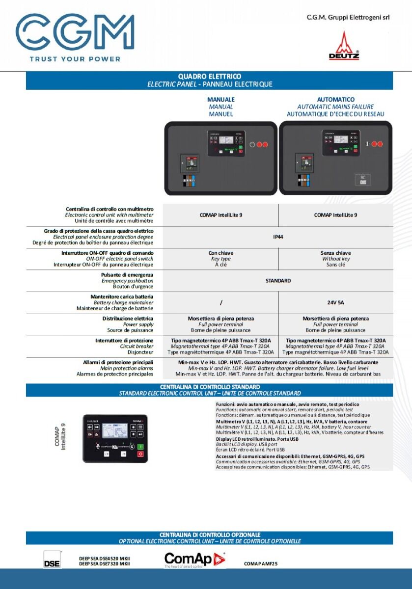 CGM 200DZ Generatore di corrente industrial 160kW versione aperta B300, motore DEUTZ, trifase 400V, avviamento manuale o automatico e regolazione di tensione AVR