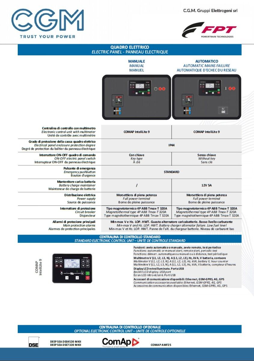 CGM 200F Generatore di corrente industrial 160kW versione aperta B200, motore FPT, trifase 400V, avviamento manuale o automatico e regolazione di tensione AVR