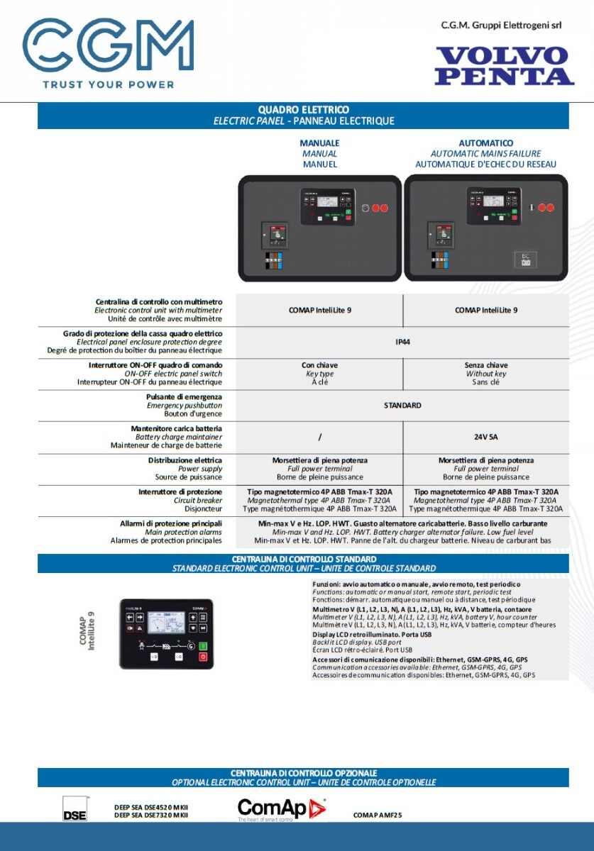 CGM 200VO Industrial power generator 160kW closed version C300, VOLVO PENTA motor, three-phase 400V, manual or automatic start and AVR voltage regulation