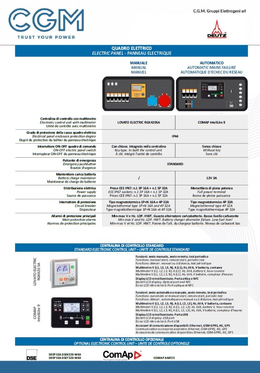 CGM 20DZo Generatore di corrente industrial 16kW versione aperta B20, motore DEUTZ, trifase 400V, avviamento manuale o automatico e regolazione di tensione AVR