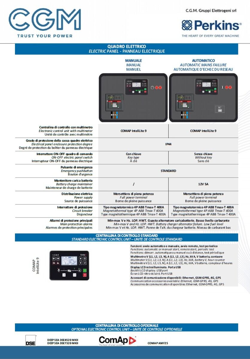 CGM 230P Generatore di corrente industrial 184kW versione aperta B300, motore PERKINS, trifase 400V, avviamento manuale o automatico e regolazione di tensione AVR