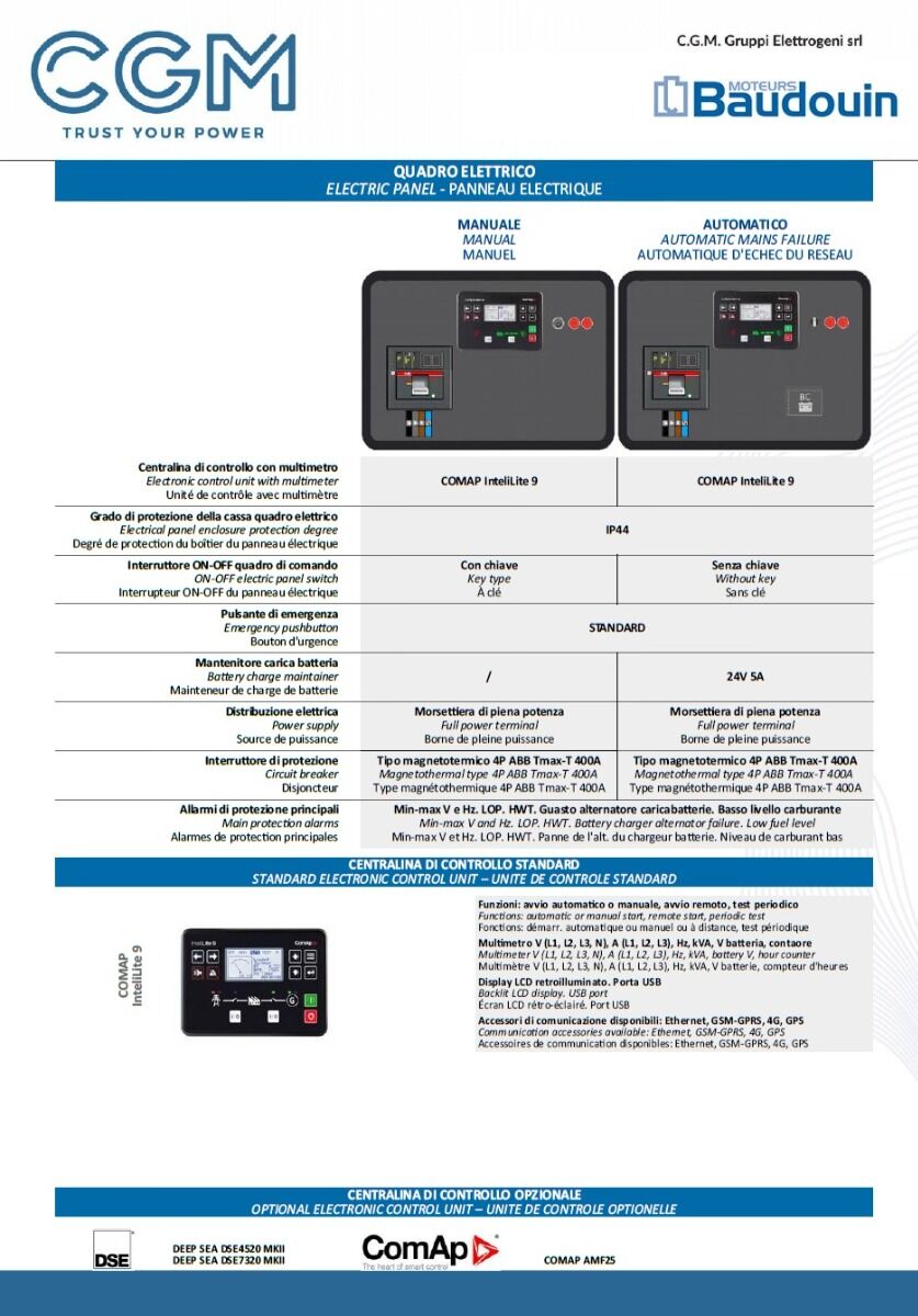 CGM 250B Generatore di corrente industrial 200kW versione aperta B300, motore BAUDOUIN, trifase 400V, avviamento manuale o automatico e regolazione di tensione AVR