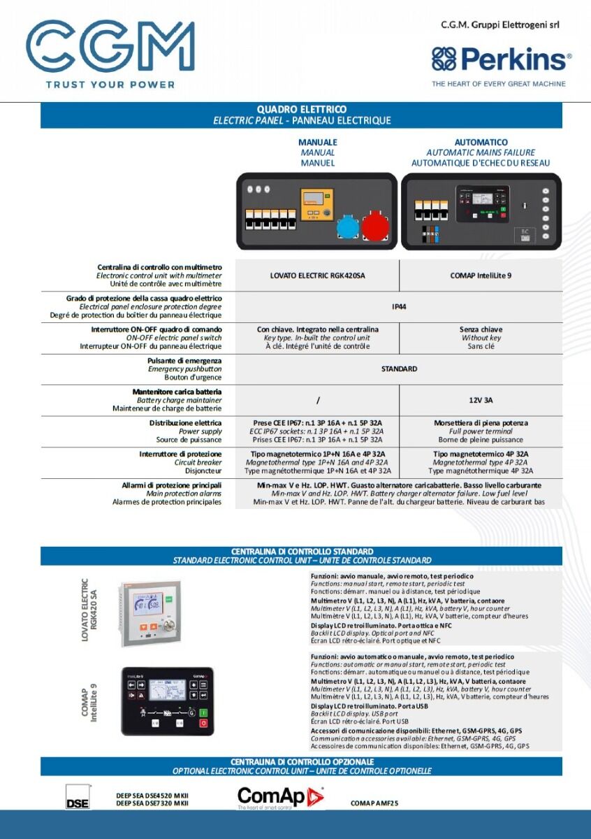 CGM 20P Generatore di corrente industrial 16kW versione aperta B20, motore PERKINS, trifase 400V, avviamento manuale o automatico e regolazione di tensione AVR
