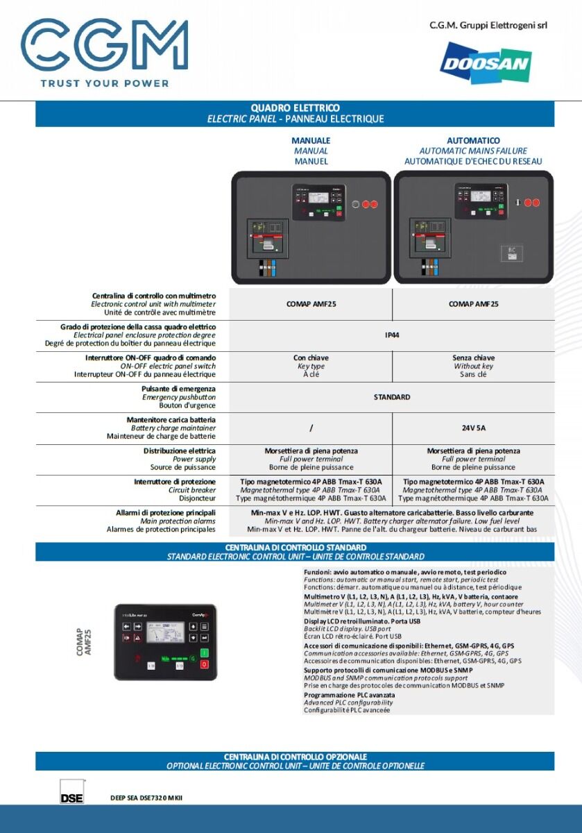 CGM 300DS Generatore di corrente industrial 240kW versione aperta B300, motore DOOSAN, trifase 400V, avviamento manuale o automatico e regolazione di tensione AVR