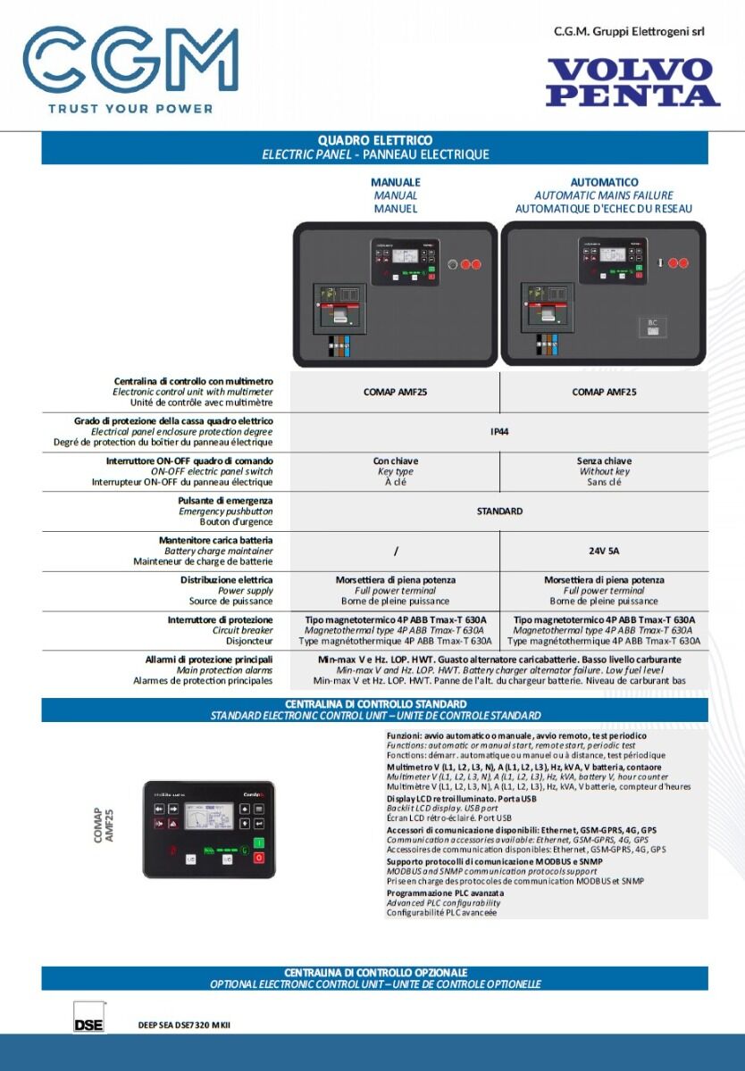 CGM 300VO Industrial power generator 240kW closed version C450, VOLVO PENTA motor, three-phase 400V, manual or automatic start and AVR voltage regulation