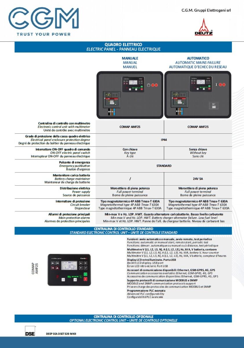 CGM 350DZ Industrial power generator 280kW open version B400, DEUTZ motor, three-phase 400V, manual or automatic start and AVR voltage regulation