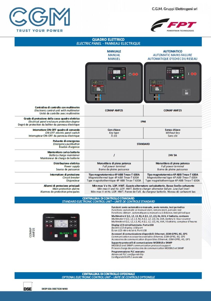 CGM 350F Industrial power generator 280kW open version B400, FPT motor, three-phase 400V, manual or automatic start and AVR voltage regulation