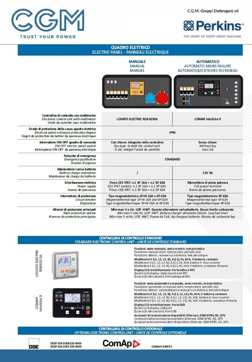 CGM 45P Generatore di corrente industrial 36kW versione chiusa C50, motore PERKINS, trifase 400V, avviamento manuale o automatico e regolazione di tensione AVR