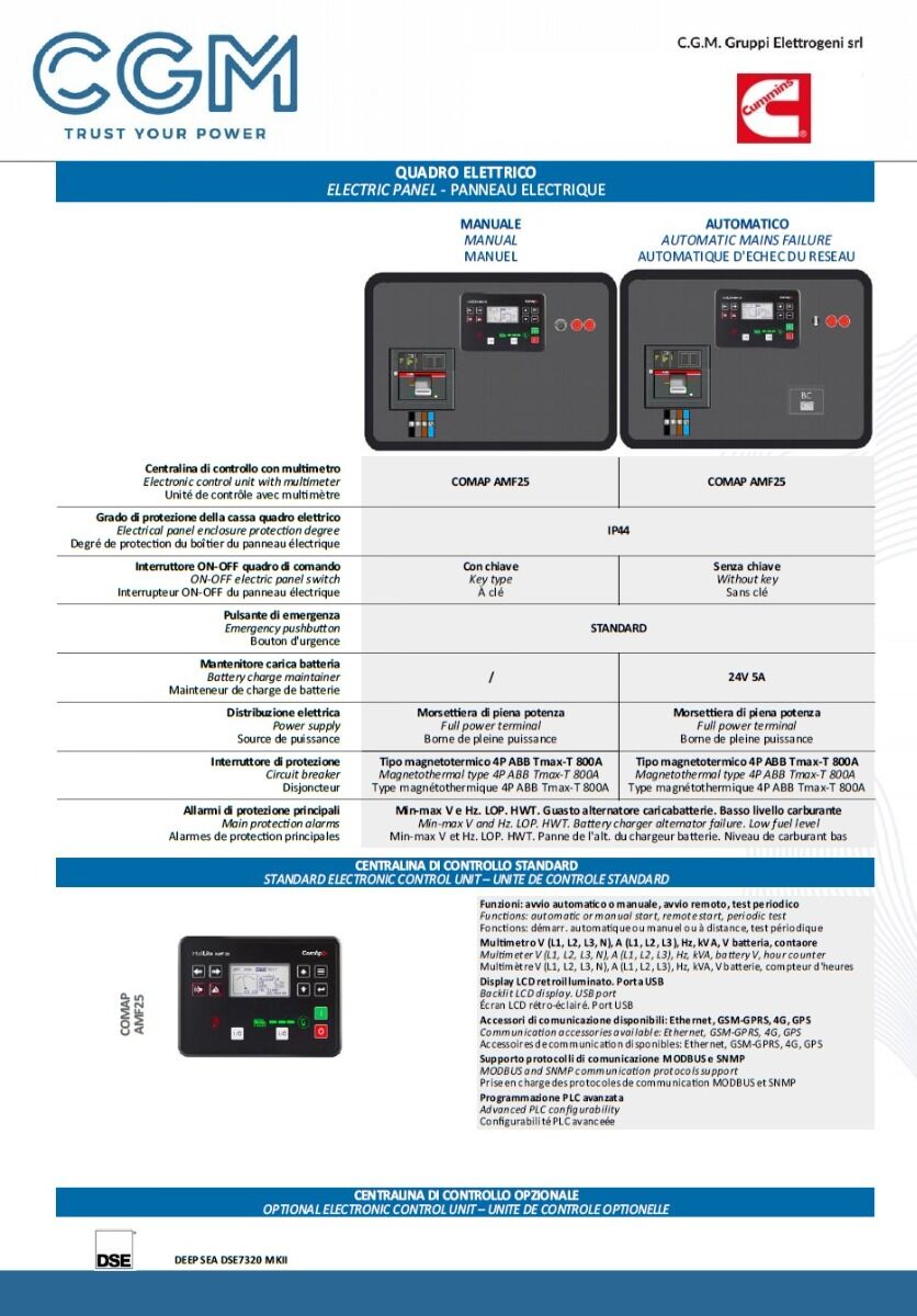 CGM 500CU Generatore di corrente industrial 400kW versione aperta B750, motore CUMMINS, trifase 400V, avviamento manuale o automatico e regolazione di tensione AVR
