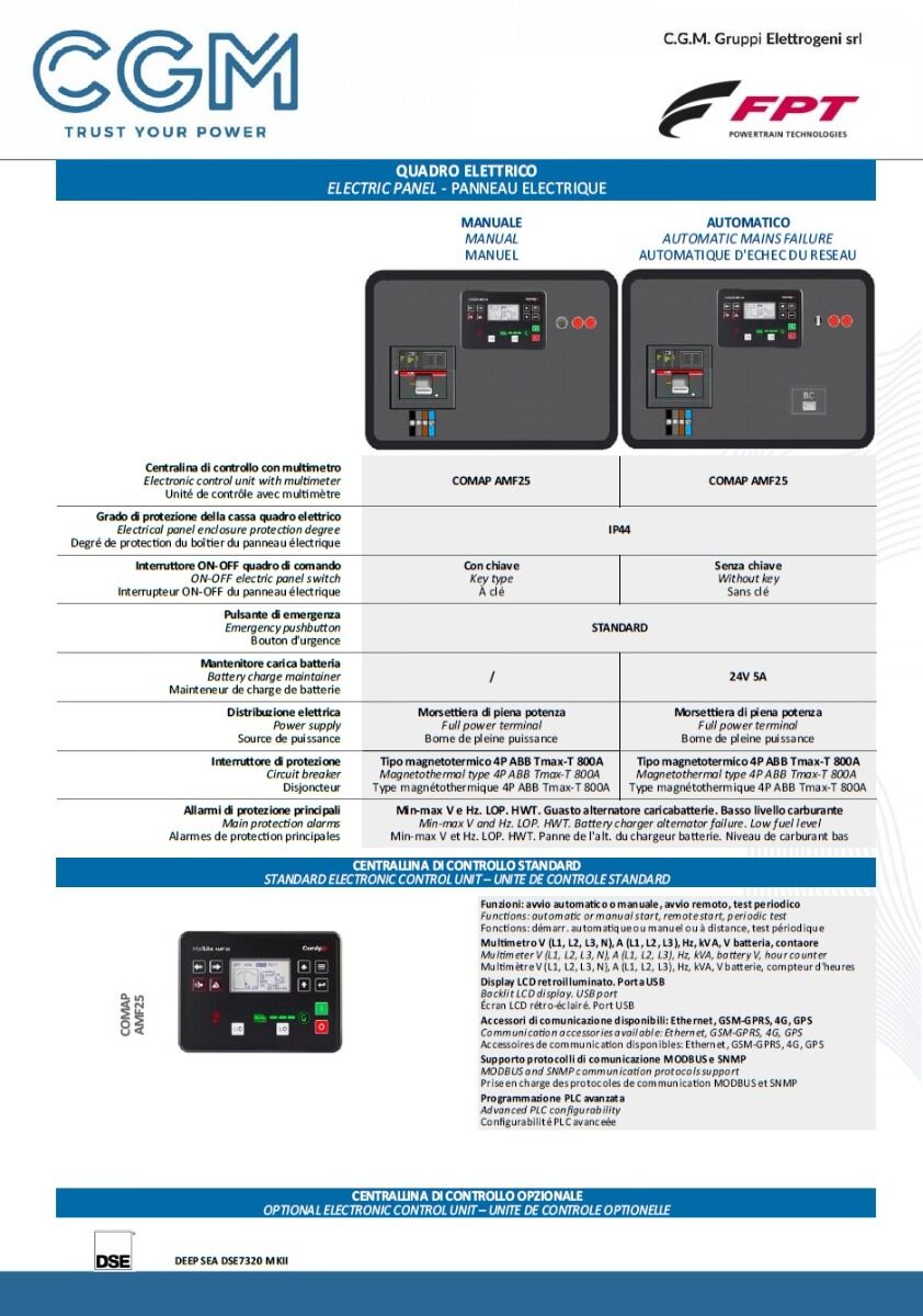 CGM 500F Generatore di corrente industrial 400kW versione aperta B400, motore FPT, trifase 400V, avviamento manuale o automatico e regolazione di tensione AVR