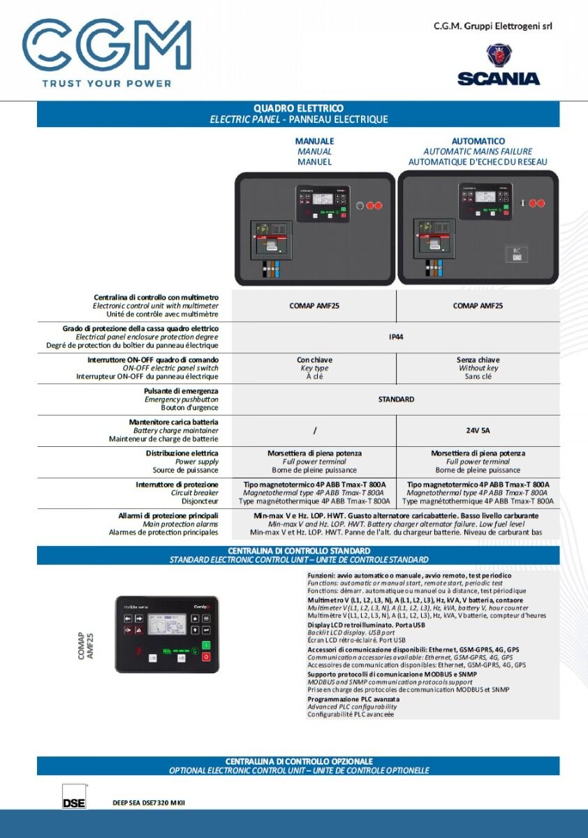 CGM 500S Generatore di corrente industrial 400kW versione aperta B400, motore SCANIA, trifase 400V, avviamento manuale o automatico e regolazione di tensione AVR