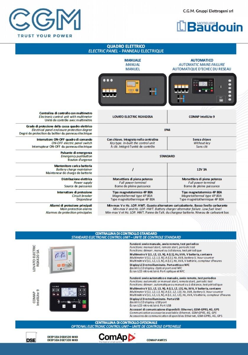 CGM 50B Generatore di corrente industrial 40kW versione chiusa C50, motore BAUDOUIN, trifase 400V, avviamento manuale o automatico e regolazione di tensione AVR