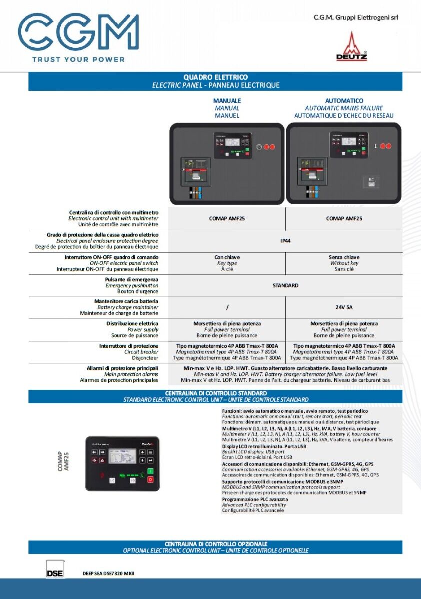 CGM 510DZ Generatore di corrente industrial 408kW versione chiusa C500, motore DEUTZ, trifase 400V, avviamento manuale o automatico e regolazione di tensione AVR