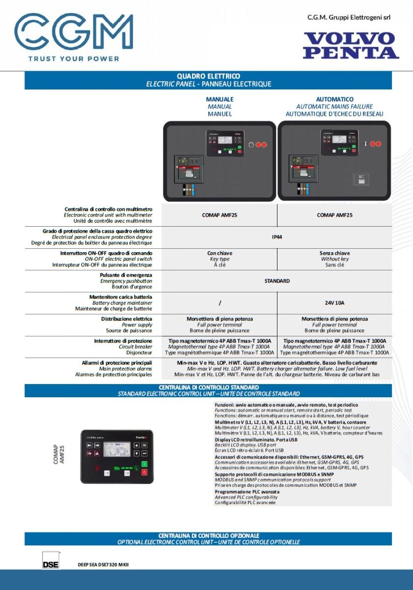CGM 590VO Industrial power generator 472kW open version B750, VOLVO PENTA motor, three-phase 400V, manual or automatic start and AVR voltage regulation