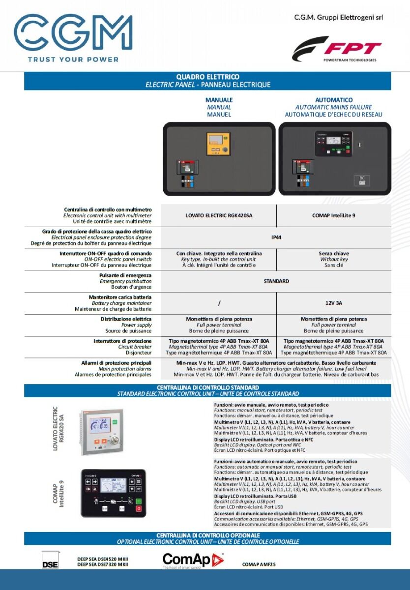 CGM 60F Generatore di corrente industrial 48kW versione aperta B100, motore FPT, trifase 400V, avviamento manuale o automatico e regolazione di tensione AVR