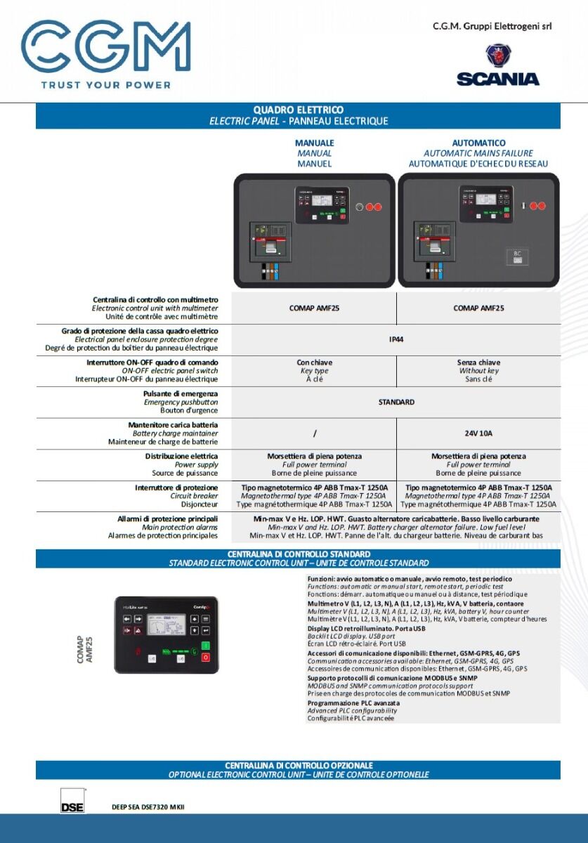CGM 700S Industrial power generator 560kW open version B750, SCANIA motor, three-phase 400V, manual or automatic start and AVR voltage regulation