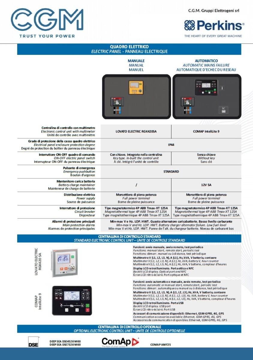 CGM 80P Generatore di corrente industrial 64kW versione chiusa C100, motore PERKINS, trifase 400V, avviamento manuale o automatico e regolazione di tensione AVR