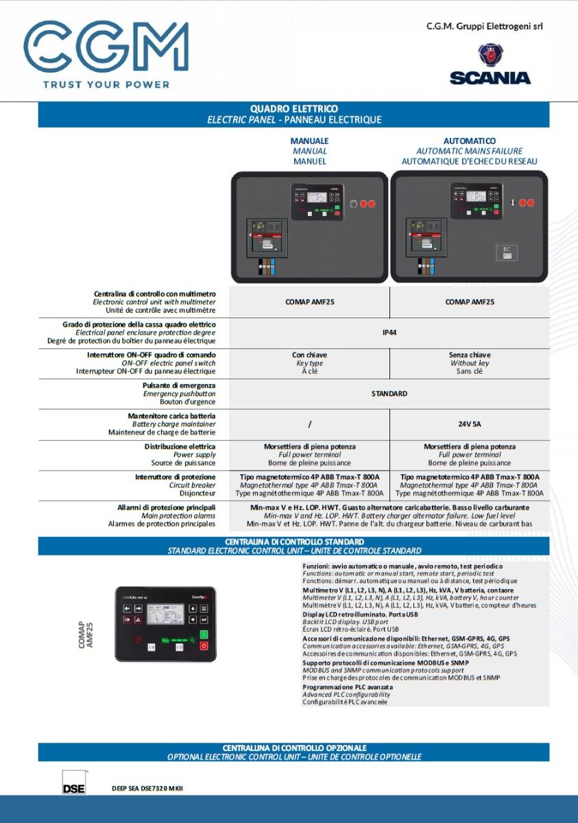 CGM e500S Generatore di corrente industrial 400kW versione aperta B750, motore SCANIA, trifase 400V, avviamento manuale o automatico e regolazione di tensione AVR