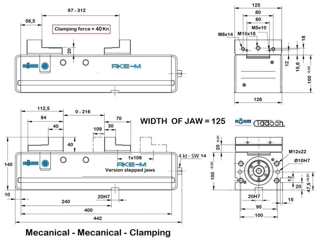 182138 Vice Röhm RKE-M with mechanical manual locking and mechanical clamping force multiplier, without power transmitter -  Jaw width 125mm