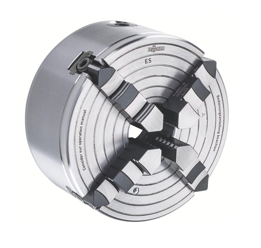RÖHM Geared scroll 4-jaw chucks Series ES with independently adjustable jaws for the machining of irregularly shaped workpieces, set of base and reversible jaws, DIN 6351 cylindrical centre mount, form A - Sizes at choice