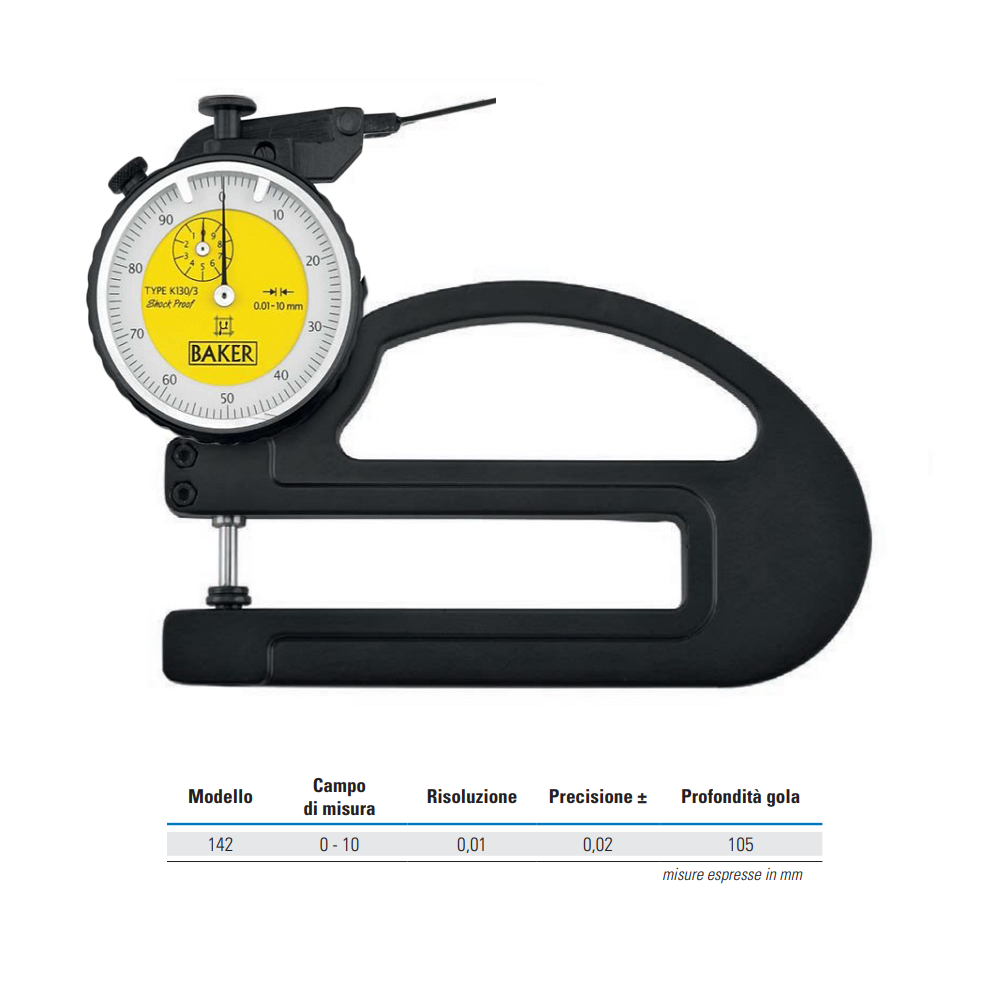 RUPAC 1555142 Schnelles analoges Dickenmessgerät Baker MicroMet PLUS Serie, Messbereich 0-10mm, Einstechtiefe 105mm, Genauigkeit ±0,02