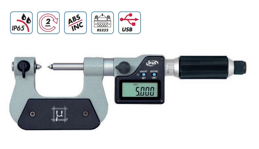 2394102 Rupac Micrometer millesimal for threads Digitronic Series fast feed, Range 75-100mm, IP65 with Measuring inserts