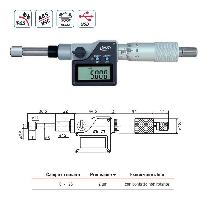 2397725 RUPAC Testina micrometrica millesimale digitale Serie Digitronic, corsa 25 mm, IP65, Uscita dati USB - RS232 con contatto non rotante