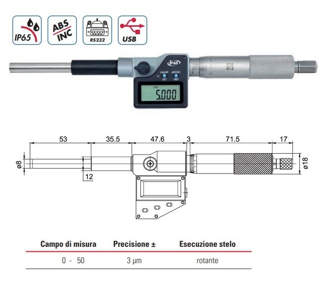 2397750 RUPAC Testina micrometrica millesimale digitale Serie Digitronic, corsa 50 mm, Uscita dati USB - RS232
