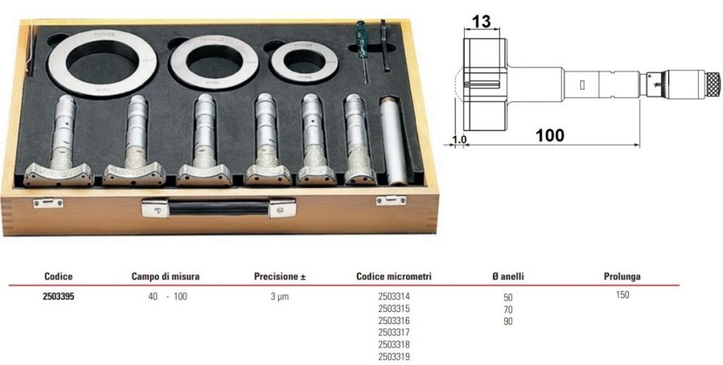 2503395 RUPAC Set di micrometri per interni millesimali a 3 punte Serie MicroMet PLUS, campo di misura 40-100mm
