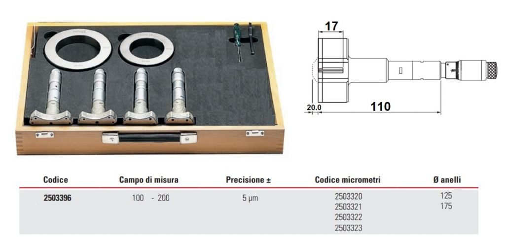 2503396 RUPAC Set di micrometri per interni millesimali a 3 punte Serie MicroMet PLUS, campo di misura 100-200mm