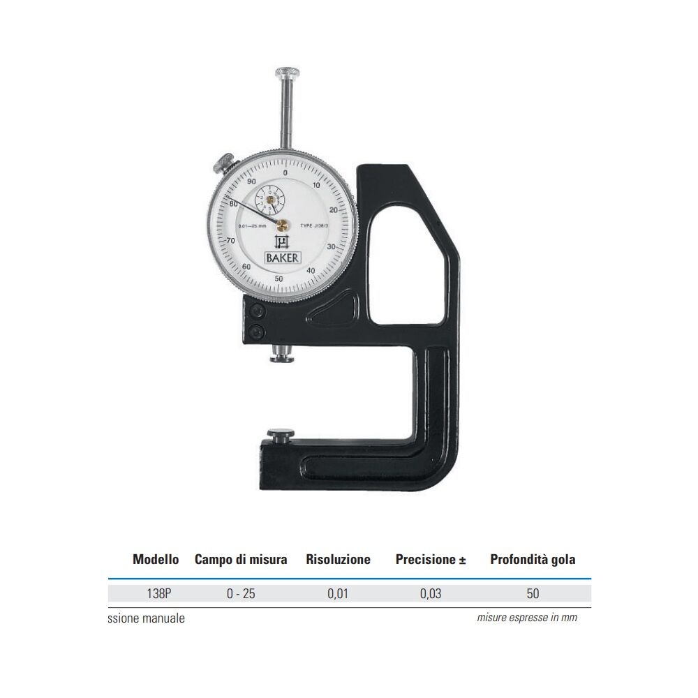 RUPAC 2551385 Baker analogue lightweight thickness gauge MicroMet PLUS Series, measuring range 0-25mm, throat depth 50mm, accuracy ±0.03mm, with manual pressure