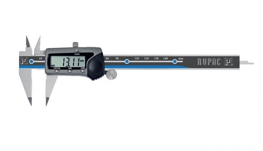 RUPAC S2996158 digitaler Spezial-Messschieber der Digitronic-Serie mit Spitzschnäbeln, Messbereich 0–150 mm und Tiefenmaßstab 3,8 × 1,4 mm.