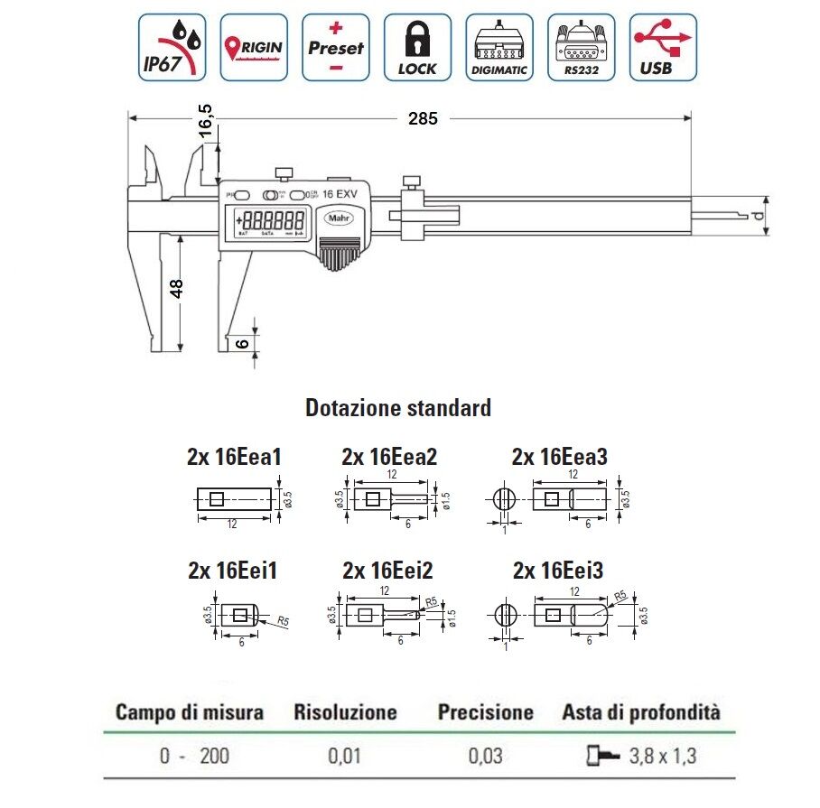 4118807 Digitaler Universal-Messschieber Mahr IP67 Serie - Messbereich 0-200 mm, Genauigkeit 0,03, Tiefenmessstab 3,8x1,3