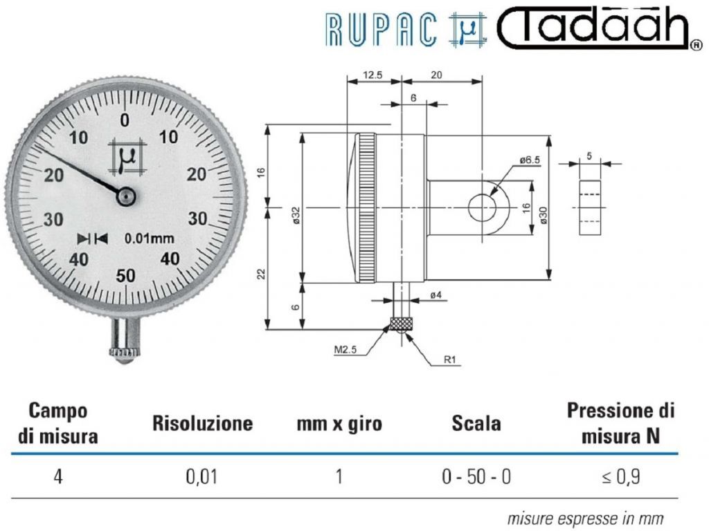 1500075 Comparatore speciale Serie MicroMet, campo di misura 4, risoluzione 0.01, scala 0-50-0