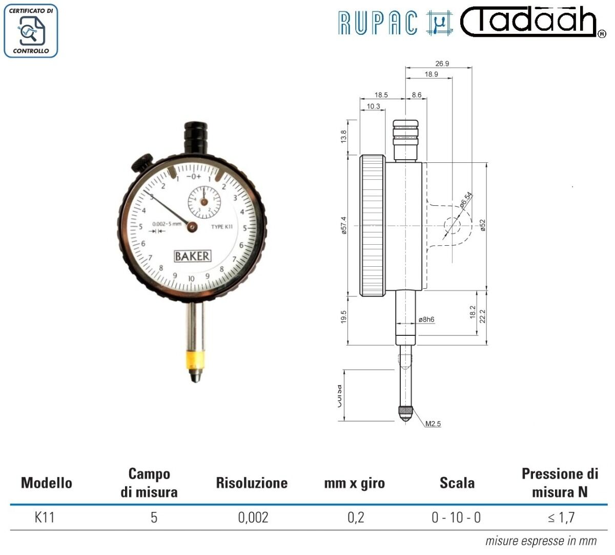 RUPAC 1502253 Comparatore Baker K11 Serie MicroMet PLUS, campo di misura 5mm, con cerificato di controllo, risoluzione 0.002 mm