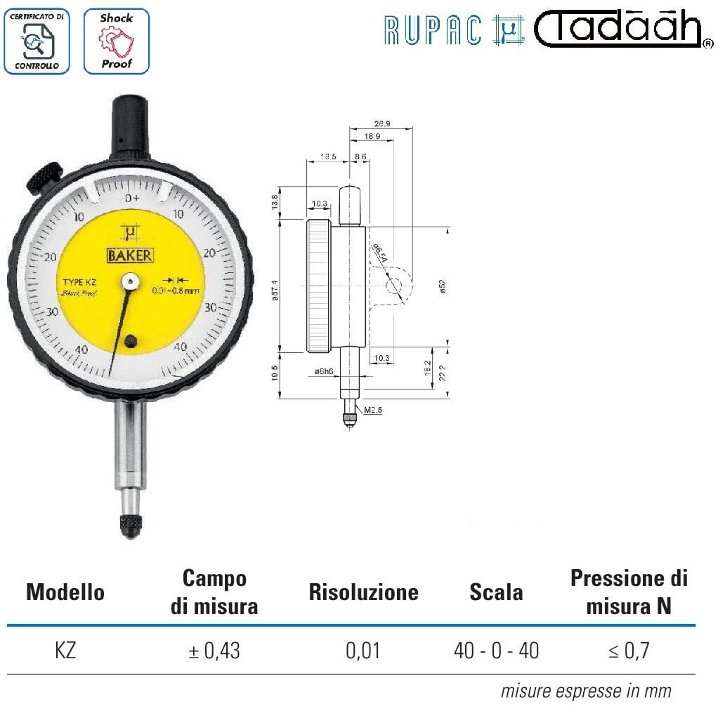 RUPAC 1509270 Comparatore Baker KZ Serie MicroMet PLUS Heavy Duty - Campo di misura ± 0,43, risoluzione 0.01,  speciale meccanismo Shock Proof