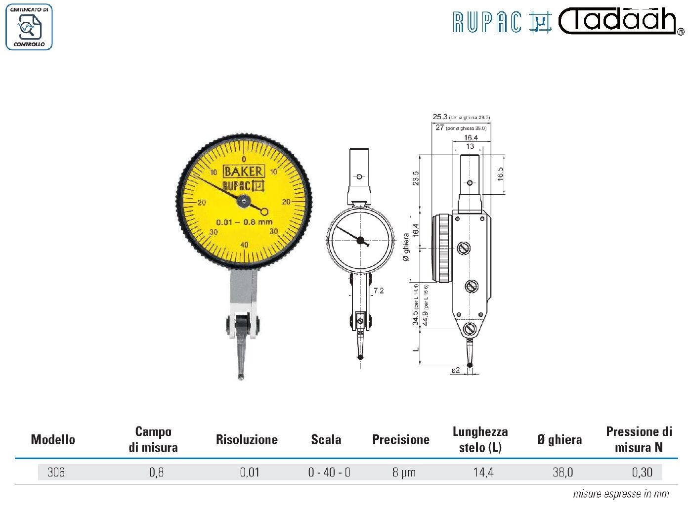 1550312 Tastkopf MicroMet PLUS Serie, Auflösung 0,01 mm, Ø Ringmutter 38 mm