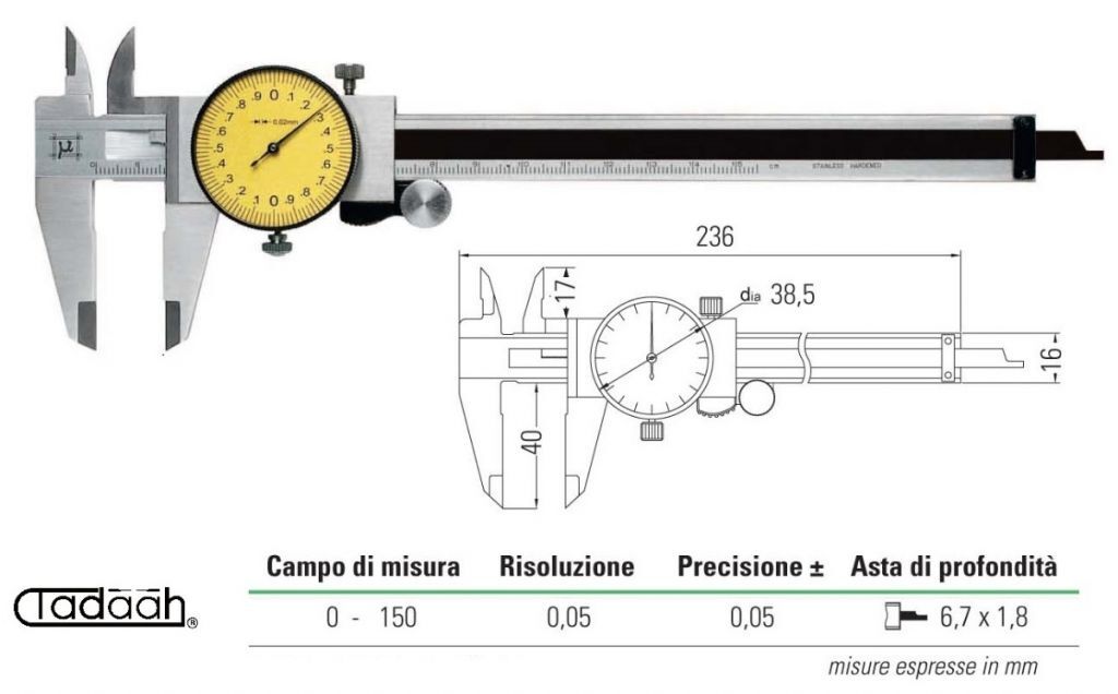 2301505  MicroMet Series Watch Gauge, Cinquantisimal/Ventesimal - Depth gauge 6,7 x 1,8 - Measuring range 0-150mm