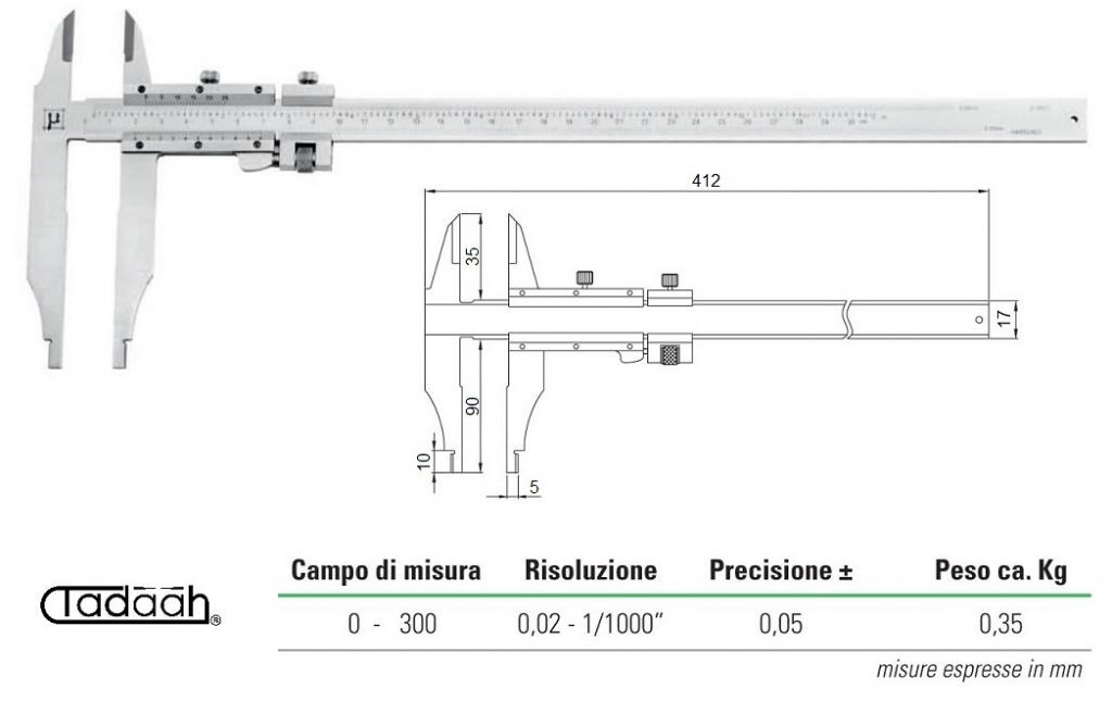 2320317 Workshop slide gauge with long beaks BluLine Series - Accuracy ± 0.05 - Measuring range 0-300mm - Resolution 0.02 - 1/1000"