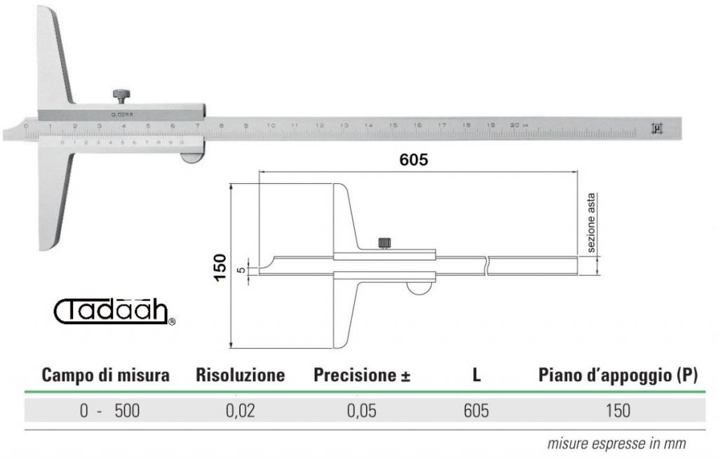 2335002 MicroMet Series Analogue Depth Gauge - Measuring range 0-500 - Accuracy ± 0.05 - Support surface 150mm
