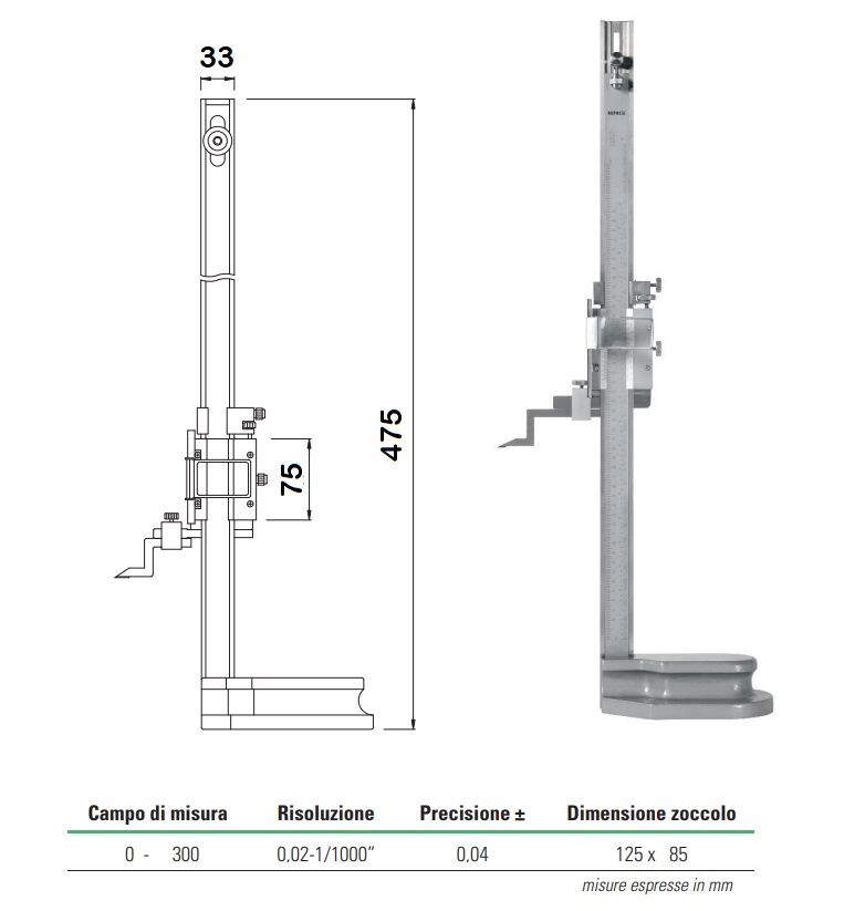 2343003 Rupac truschino per il controllo di altezze e tracciature Serie MicroMet con lente - Campo di misura 0-300 -  Precisione ± 0,04