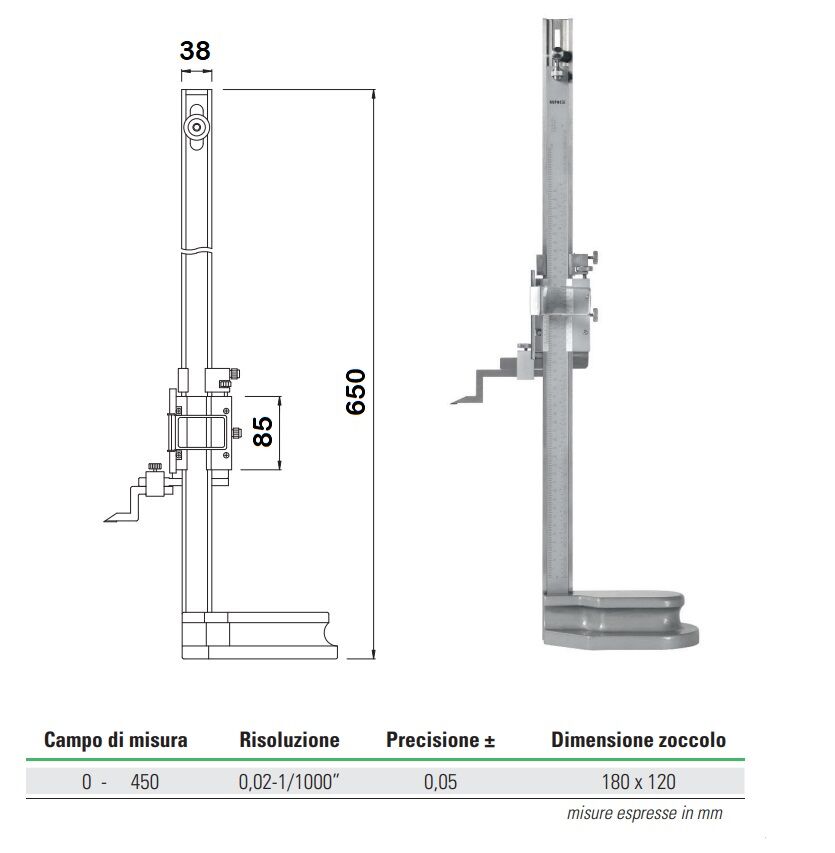 2344503 Rupac truschino per il controllo di altezze e tracciature Serie MicroMet con lente - Campo di misura 0-450 -  Precisione ± 0,05