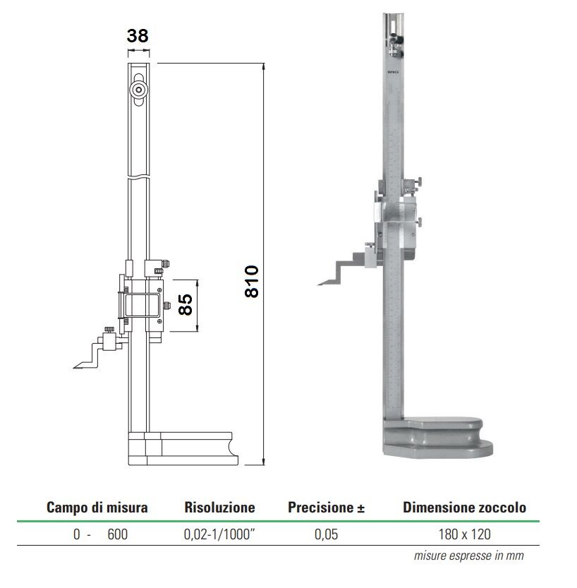 2346003 Rupac truschino per il controllo di altezze e tracciature Serie MicroMet con lente - Campo di misura 0-600 -  Precisione ± 0,05