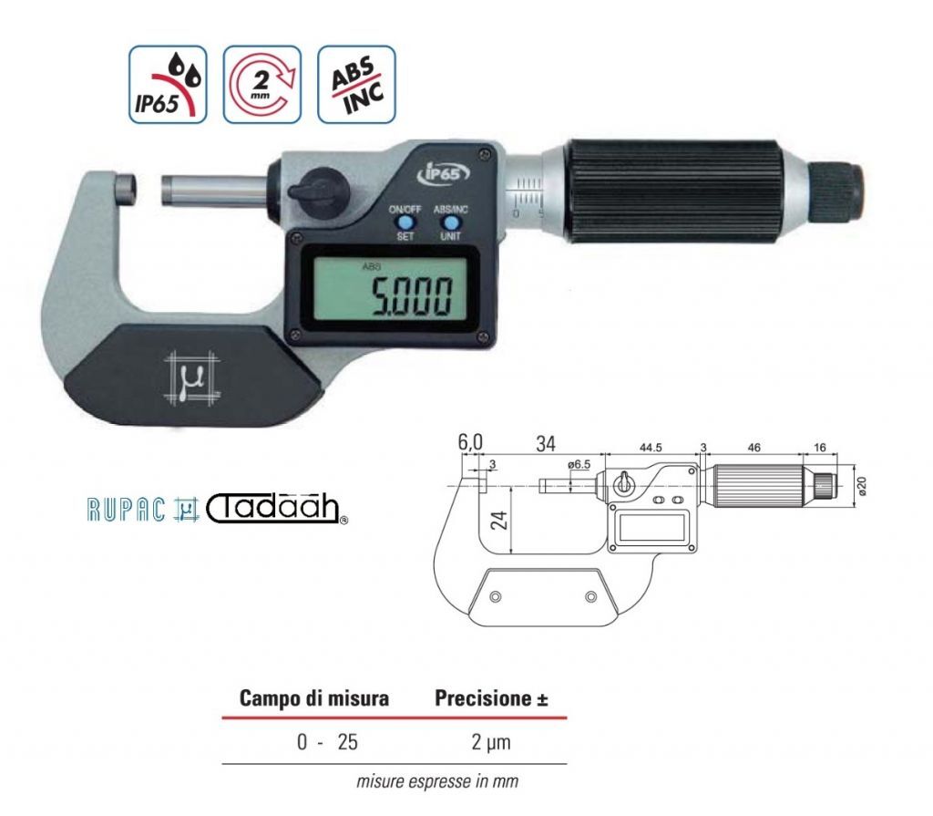 Micrometro per esterni digitali Serie Digitronic millesimale con avanzamento rapido 2mm/giro - 0-25mm - IP65
