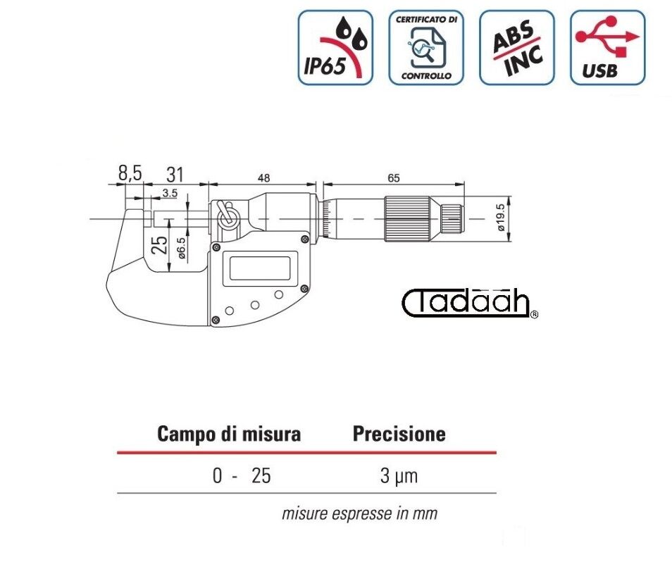 RUPAC 2390250 Micrometro per esterni digitale millesimale Serie Digitronic Plus, USB, IP65 - Campo di misura 0-25mm