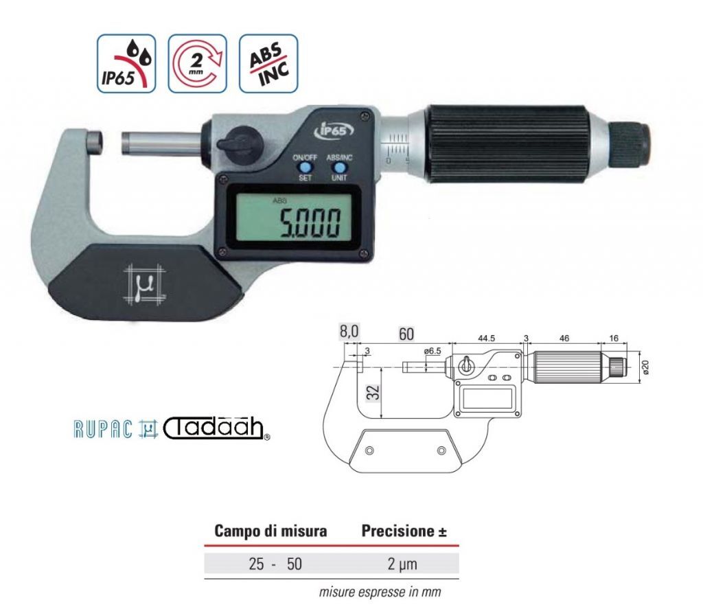 Micrometro per esterni digitali Serie Digitronic millesimale con avanzamento rapido 2mm/giro - 25-50mm - IP65