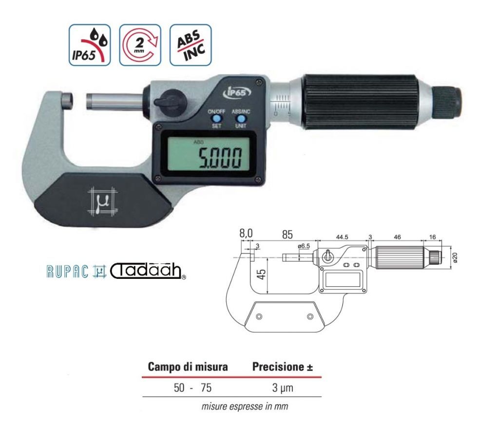 Micrometro per esterni digitali Serie Digitronic millesimale con avanzamento rapido 2mm/giro - 50-75 mm - IP65 