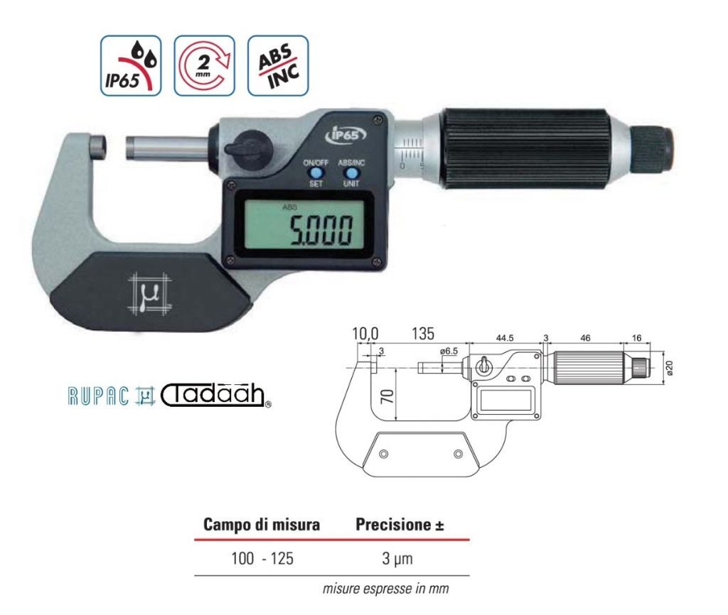 Micrometro per esterni digitali Serie Digitronic millesimale con avanzamento rapido 2mm/giro - 100-125mm - IP65