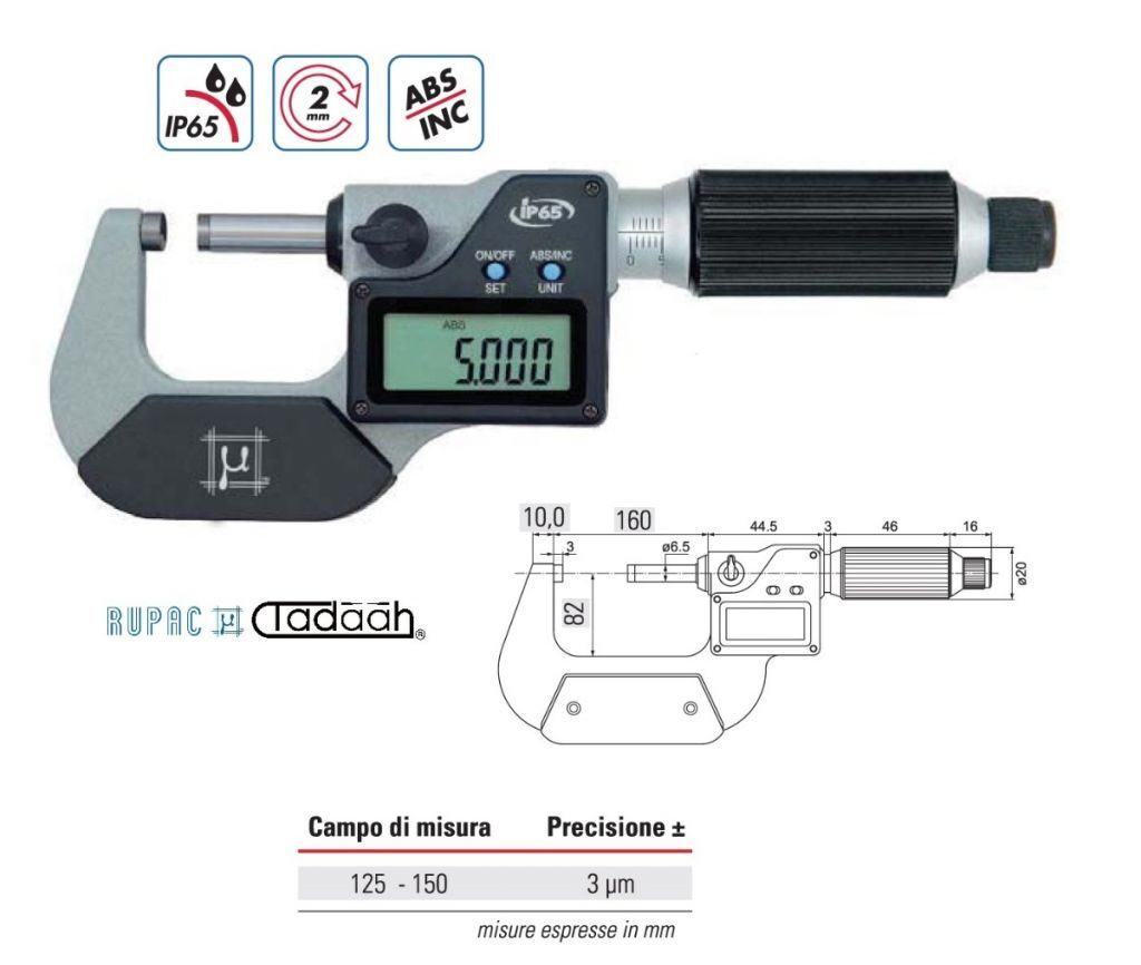 Micrometro per esterni digitali Serie Digitronic millesimale con avanzamento rapido 2mm/giro - 125-150mm - IP65