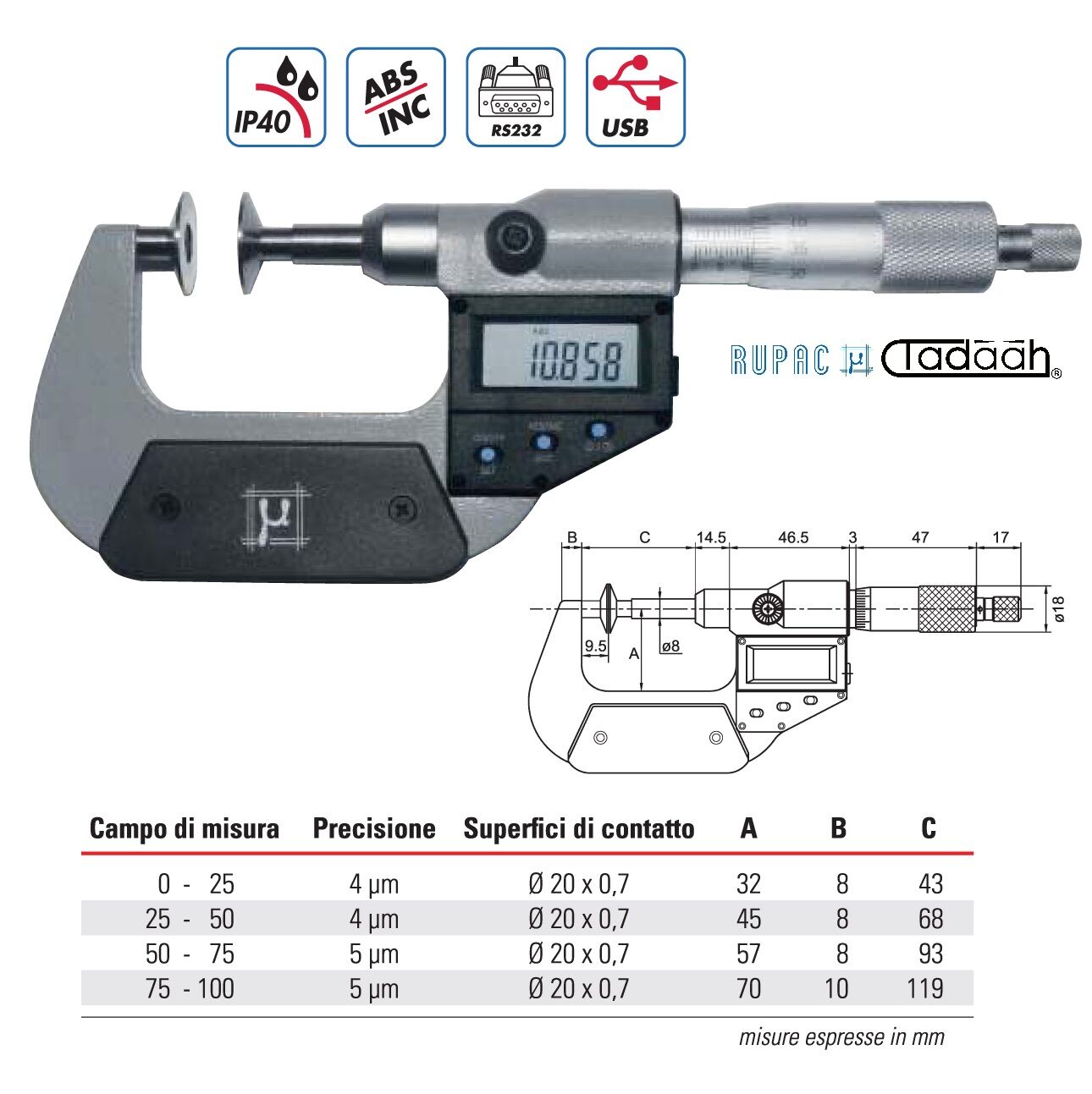 Digital micrometer with flat surfaces Digitronic Series, with non-rotating stem